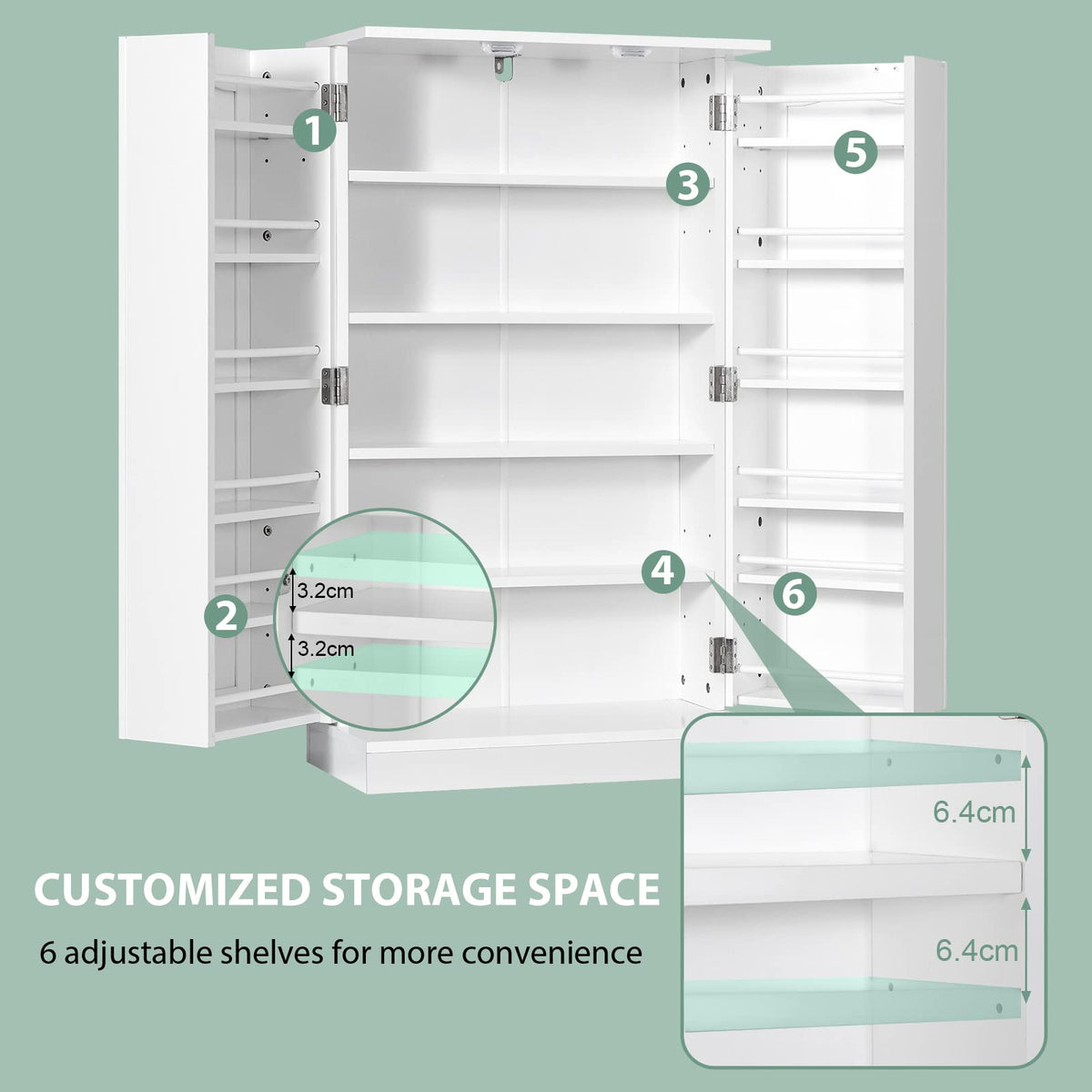 103 cm White 2-Door Pantry Cabinet with 6 Adjustable Shelves