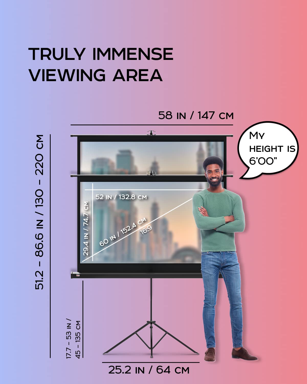 Projector Screen with Stand 60 inch - Indoor and Outdoor Projection Screen for Movie or Office Presentation - 16:9 HD Premium Wrinkle-Free Tripod Screen for Projector with Carry Bag and Tight Straps