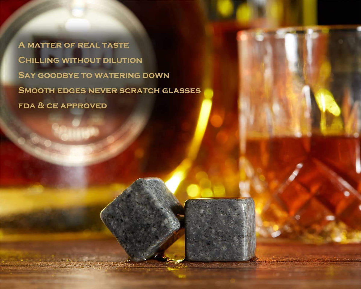 Whisky Stones and Glasses Gift Set, Whisky Rocks Chilling Stones in Handmade Wooden Box– Cool Drinks without Dilution – Whisky Glasses Set of 2, Gift for Dad, Husband, Men – iiiMY