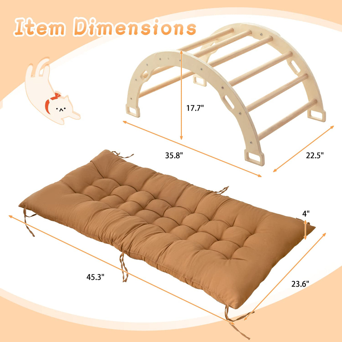 Kids Climber Arch Rocker with Cushion Pad Black，Montessori Climber Indoor Climbing Toys for Kids, Arch Climber Wooden Indoor Playground for Climbing (Small Arch Climbing with Cushion)