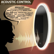 28 Inch Acoustic Control LED Bathroom Mirror, Easy to Install Round Vanity Mirror, Color Temperature Adjustable, Anti-Fog Dimmable Lights, Wall Mounted Mirror with Smart Touch Button