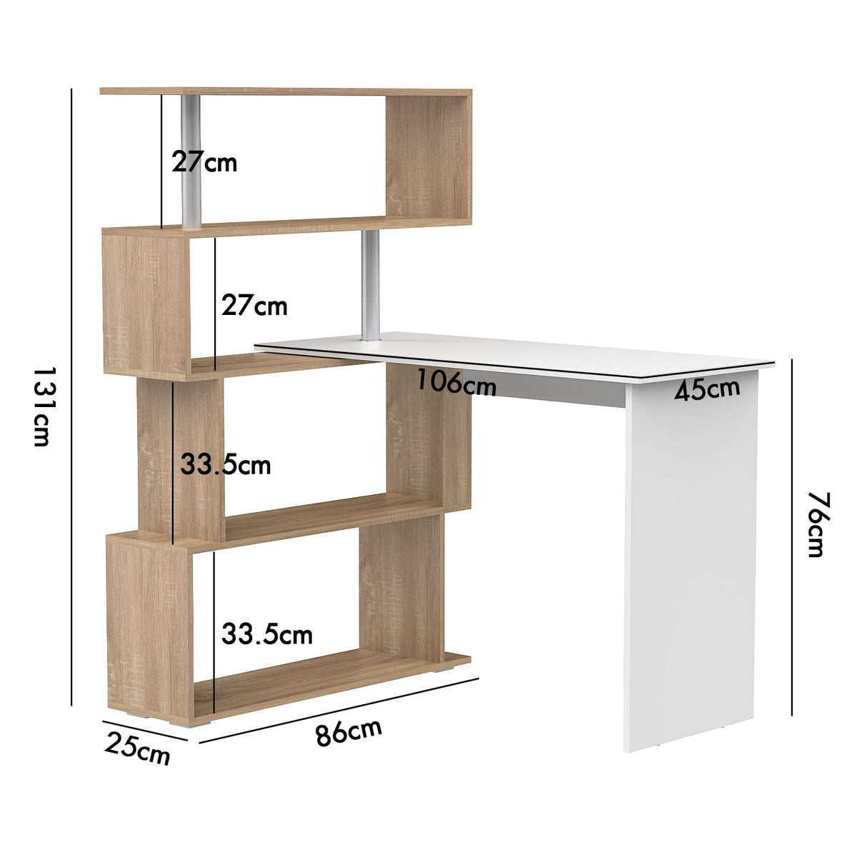Rotating White & Wood Corner Desk with 4-Tier Shelves