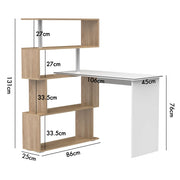 Rotating White & Wood Corner Desk with 4-Tier Shelves