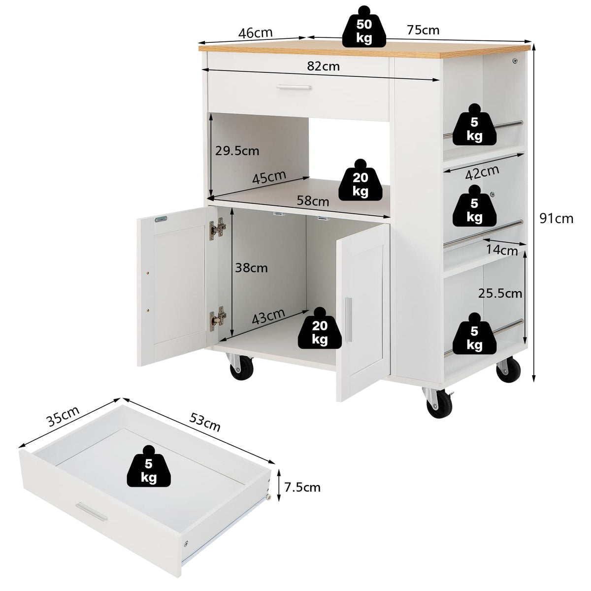 White Rolling Kitchen Island with 3-Tier Spice Rack