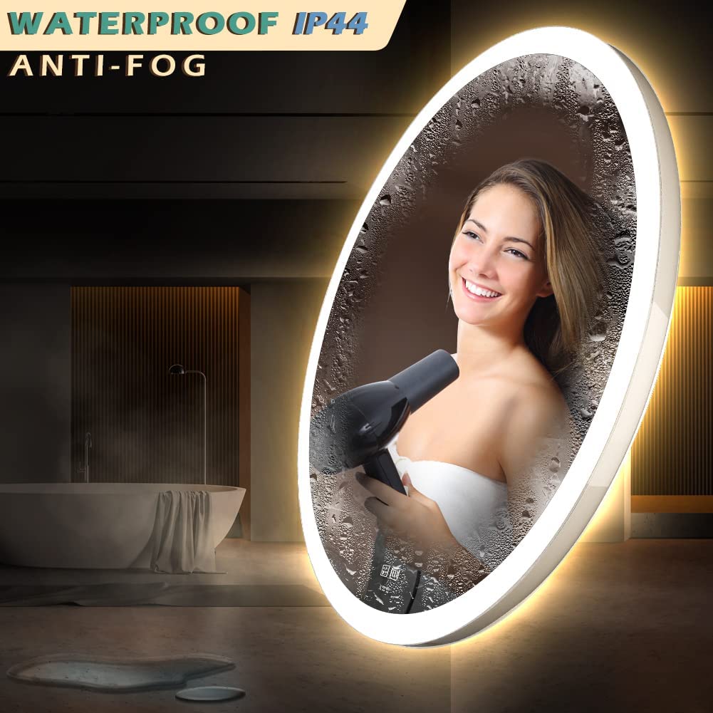 28 Inch Acoustic Control LED Bathroom Mirror, Easy to Install Round Vanity Mirror, Color Temperature Adjustable, Anti-Fog Dimmable Lights, Wall Mounted Mirror with Smart Touch Button