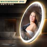 28 Inch Acoustic Control LED Bathroom Mirror, Easy to Install Round Vanity Mirror, Color Temperature Adjustable, Anti-Fog Dimmable Lights, Wall Mounted Mirror with Smart Touch Button