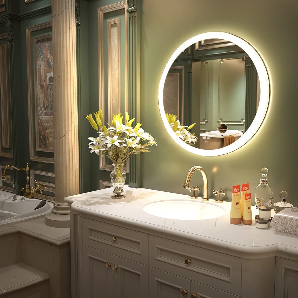 28 Inch Acoustic Control LED Bathroom Mirror, Easy to Install Round Vanity Mirror, Color Temperature Adjustable, Anti-Fog Dimmable Lights, Wall Mounted Mirror with Smart Touch Button
