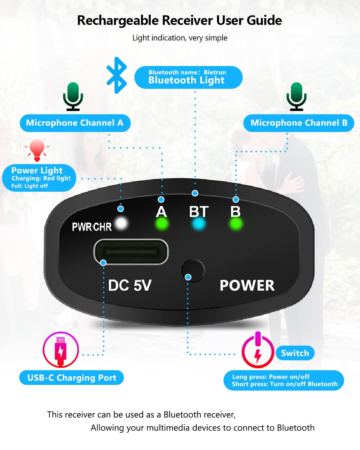 Bietrun Dual UHF Wireless Microphones with Bluetooth Receiver