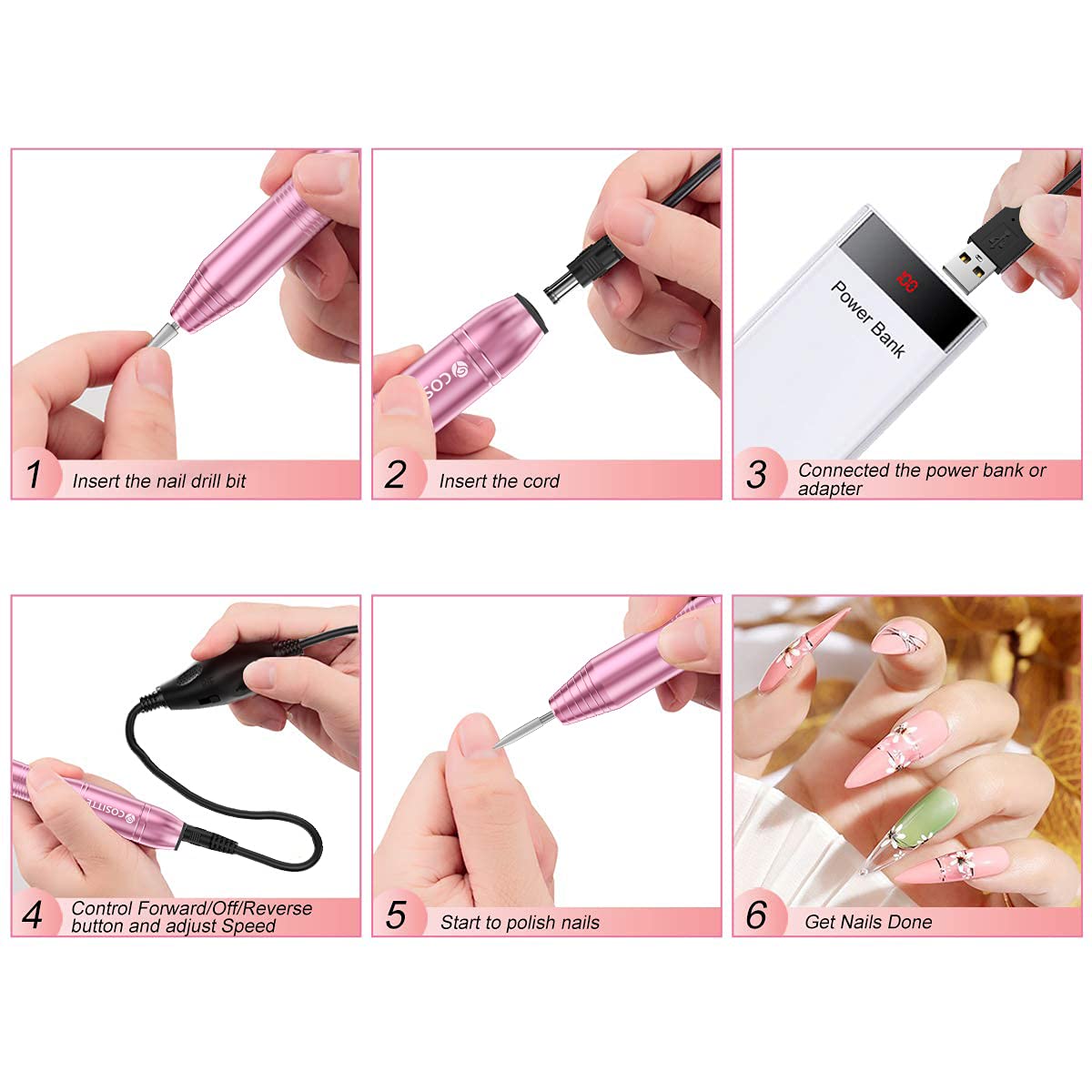 COSITTE USB Electric Nail Drill Kit – Pink, 20,000 rpm