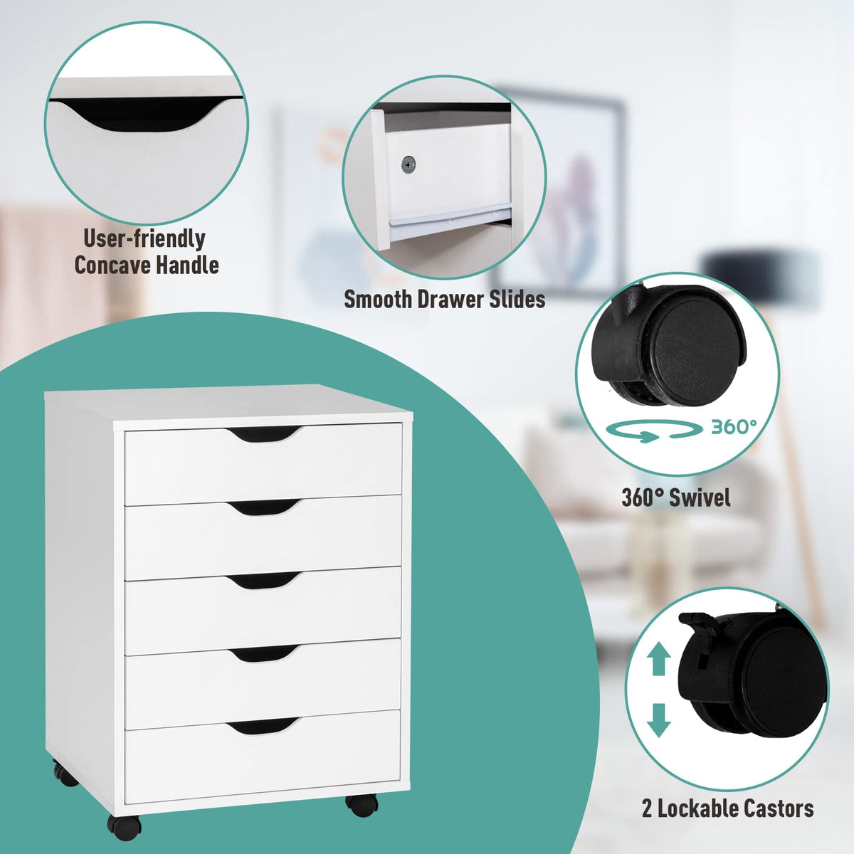 5-Drawer File Cabinet, Side Cabinet File Pedestal w/ 4 Castors, Wood Under Desk Drawer, Storage Cabinet Organiser, Compact Chest of Drawers Dresser, Mobile File Cabinets for Home Office, White