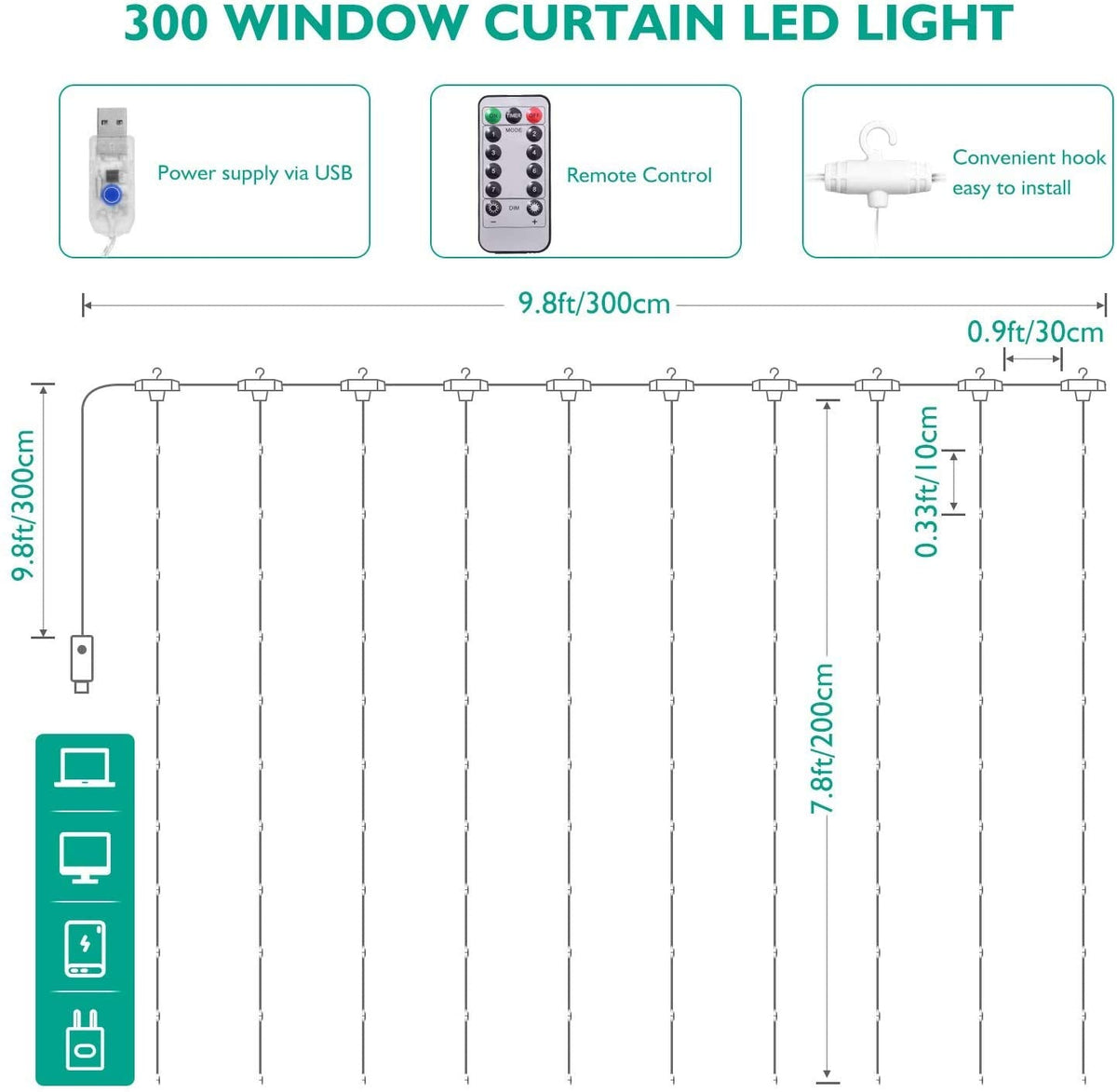 300-LED Warm-White USB Curtain Lights with Remote & Timer