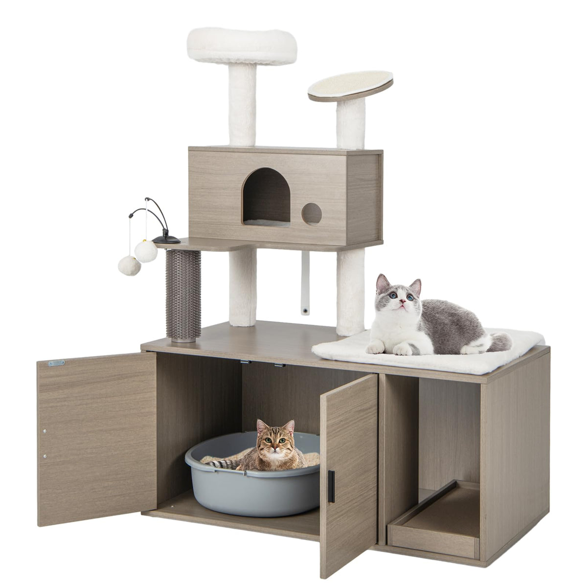 132cm 2-in-1 Cat Tree with Litter-Box Cabinet