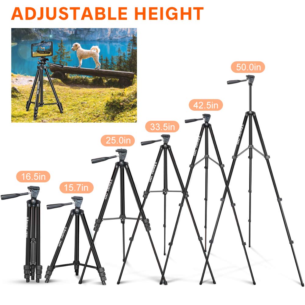 Phone Tripod, UBeesize 50’’ Extendable Lightweight Aluminum Tripod Stand with Universal Cell Phone/Tablet Holder, Remote Shutter, Compatible with Smartphone & Tablet & Camera.