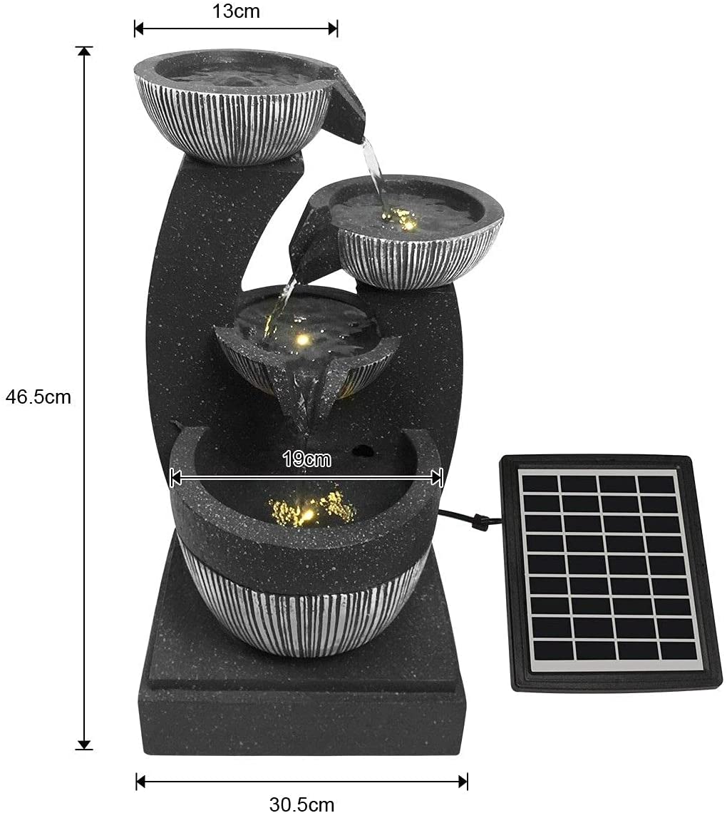 4-Tier Solar Water Fountain Garden Features Outdoor Indoor Bird Bath with LED Light Grey