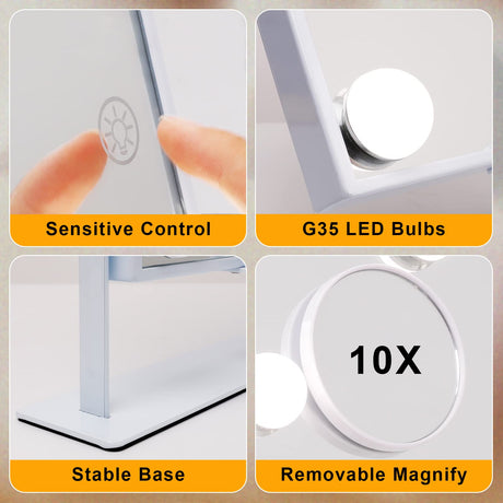 White Hollywood Vanity Mirror with Lights 9 Dimmable Bulbs Wireless Charger Bluetooth Speaker Makeup Mirror with Smart Touch Control for Glam Room Bedroom Detachable 10X Magnification