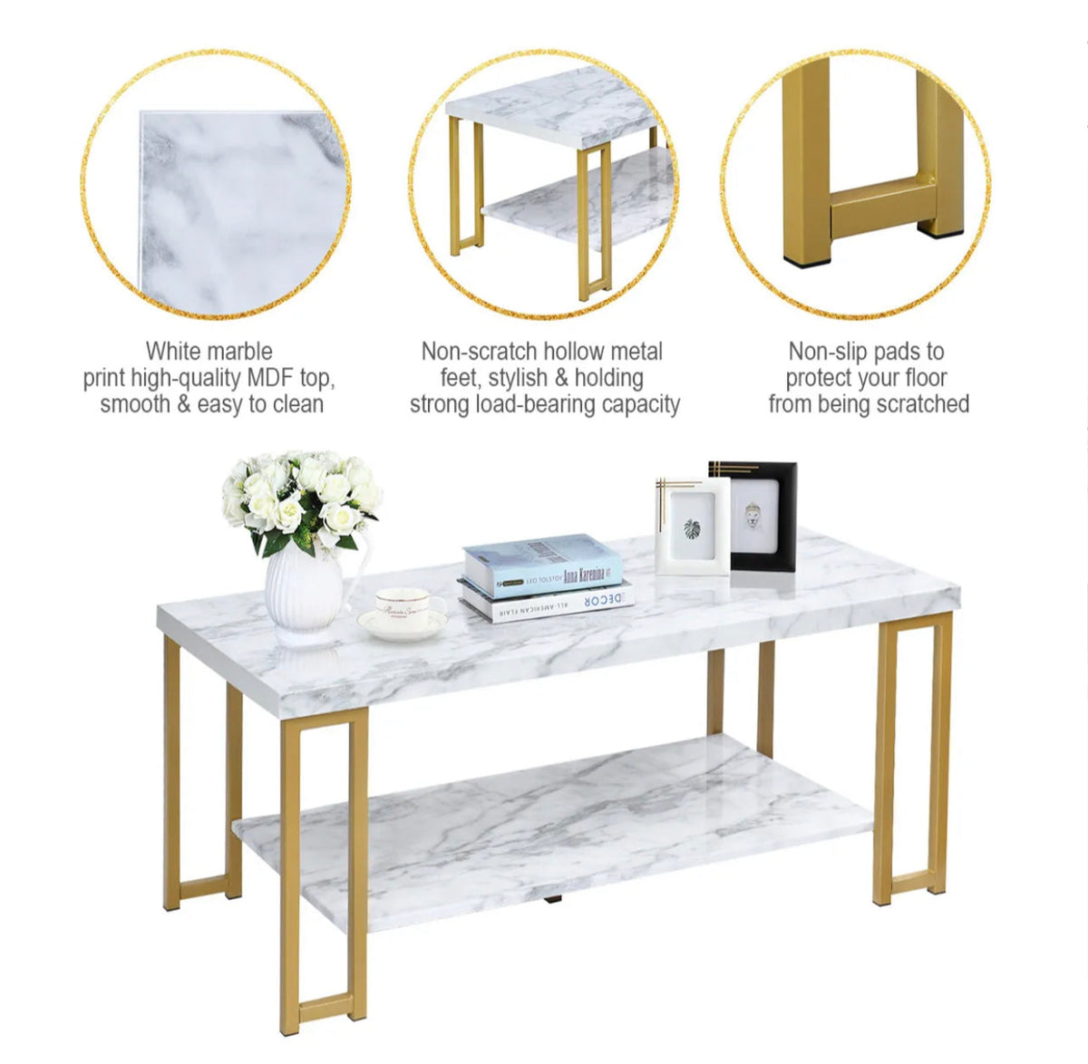 Rectangular Marble-Print Coffee Table