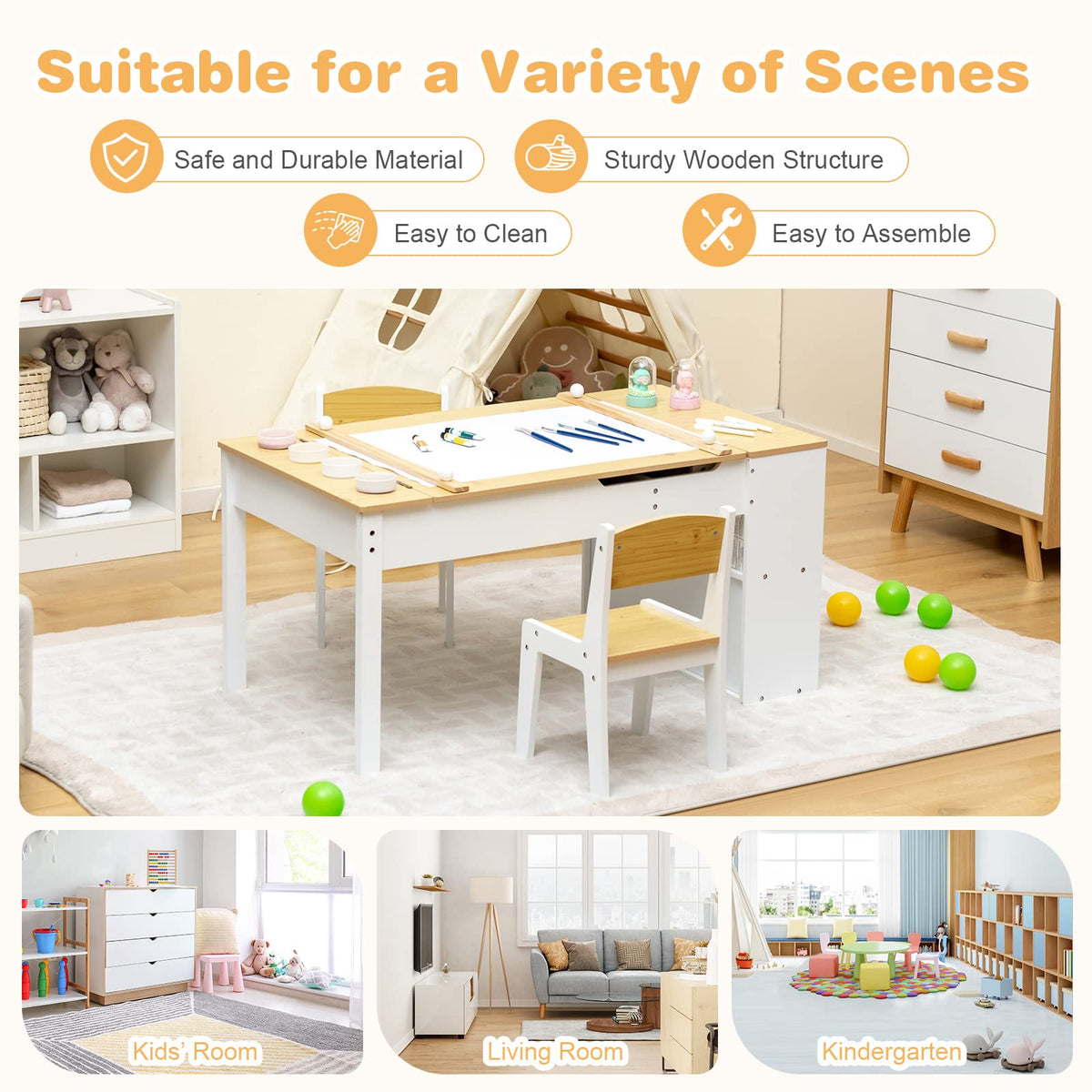 Kids Table and Chairs Set, 2 in 1 Wooden Art Table & Easel Set for Children with 2 Chairs, 6 Storage Bins, Paper Roller, Paint Box, Toddler Table Chairs Set for Playing Painting Learning