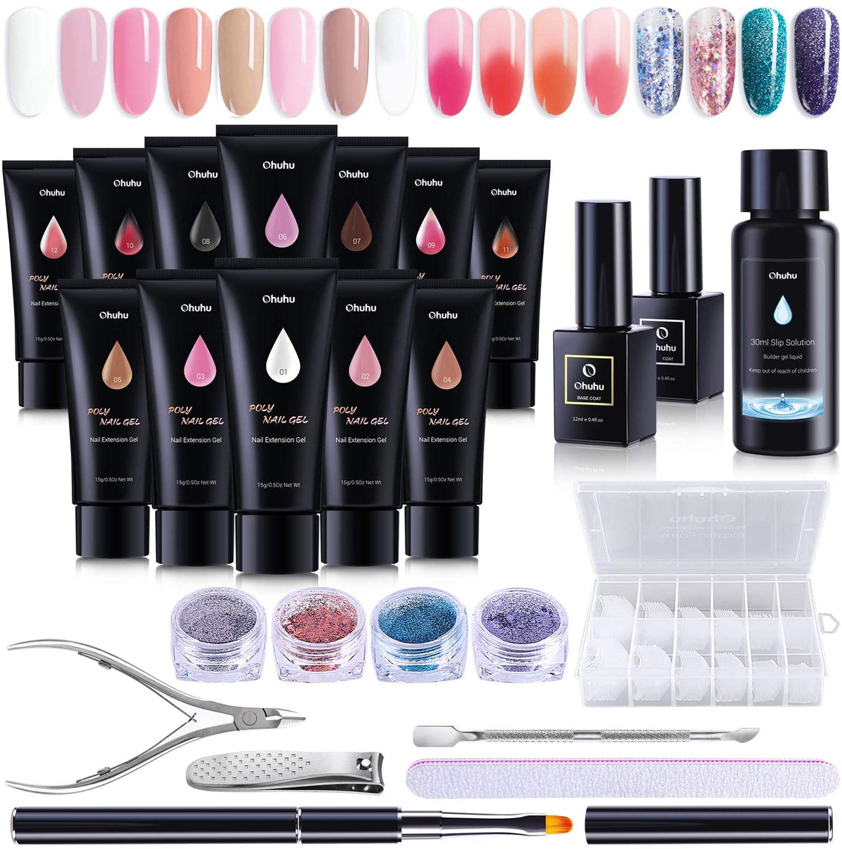 Poly Nail Gel Kit, 12 Colours Nail Gel Kit Enhancement Builder with 4 Temperature Color Changing Extension, 8 Regular Color Nail Extension, Slip Solution Trial Professional Technician Kit for DIY