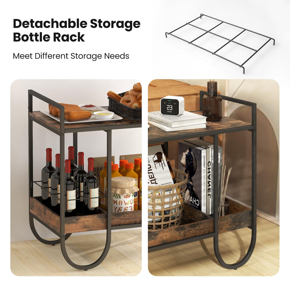 Bar Cart, Liquor Beverage Serving Cart with 6-Bottle Removable Metal Wire Wine Rack, Modern Kitchen Cocktail Cart with Wheels, 2 Tier Kitchen Rolling Bar Carts for Living Room, Rustic Brown