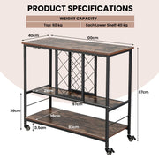 3-Tier Industrial Bar Cart with 8-Bottle Wine Rack