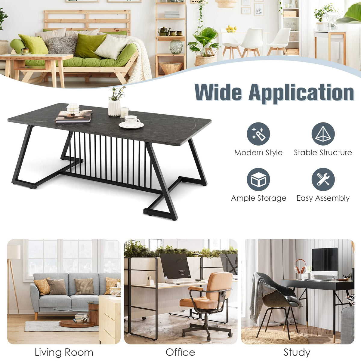 Black Faux-Marble Coffee Table with Steel Legs