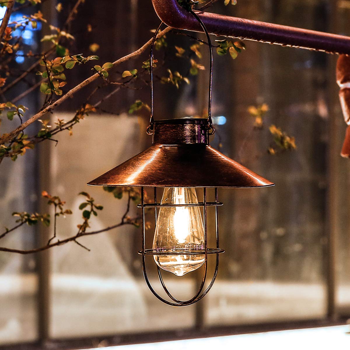 Solar Lantern Outdoor Hanging Light Metal Solar Lamp with Warm White Edison Bulb Design for Garden Yard Patio Porch Decor(Copper)