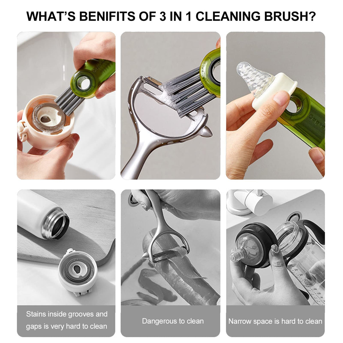 3-in-1 Bottle Lid, Rim & Crevice Cleaning Brush