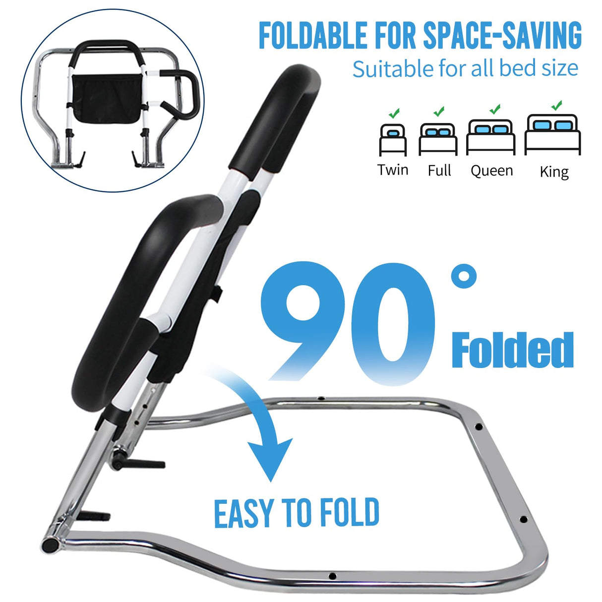 Bed Rails for Elderly Adults Safety, Foldable Bed Guard Rails for Adjustable Bed, Non-Wobble Bed Assist Bar for Seniors Fit King/Queen/Full/Twin Size Bed, Adjustable Heights & Storage Pocket