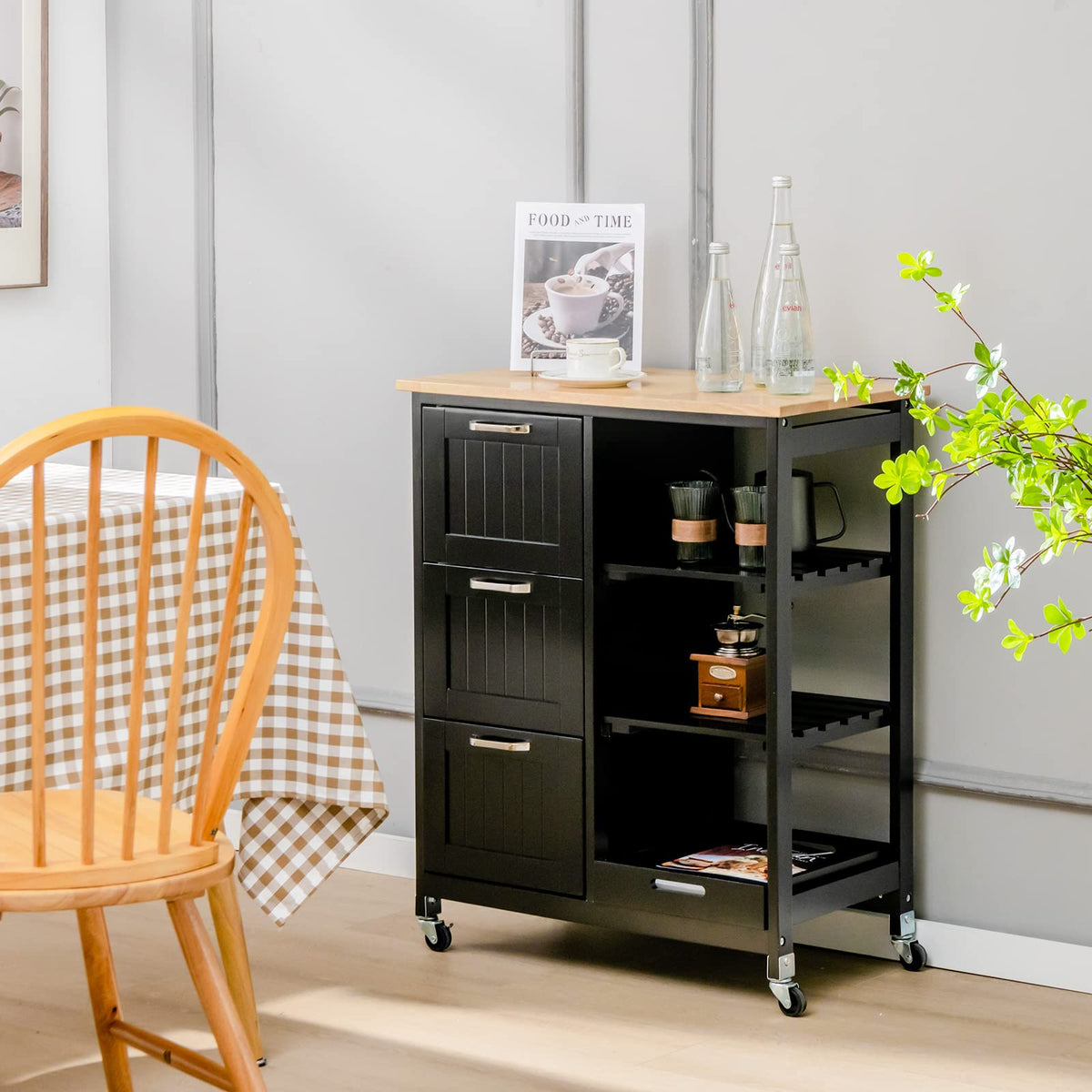 Black Rolling Kitchen Island with 3 Drawers & Tray