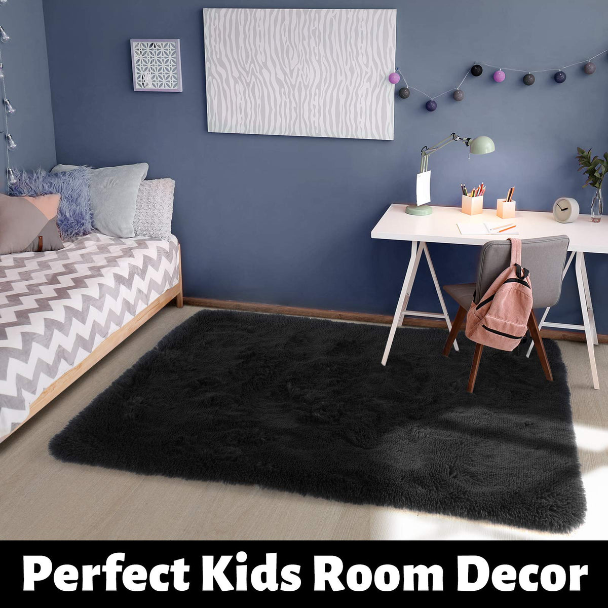 Black Area Rug for Bedroom,4'X6', Fluffy Shag Rug for Living Room, Furry Carpet for Kids Room, Shaggy Throw Rug for Nursery Room, Fuzzy Plush Rug, Black Carpet, Rectangle, Cute Room Decor for Baby