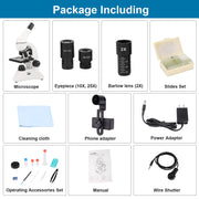 40X-2000X Microscope for Kids Adults, Metal Body Optical Glass Lens Monocular Beginners Microscope with Prepared Slides Phone Adapter