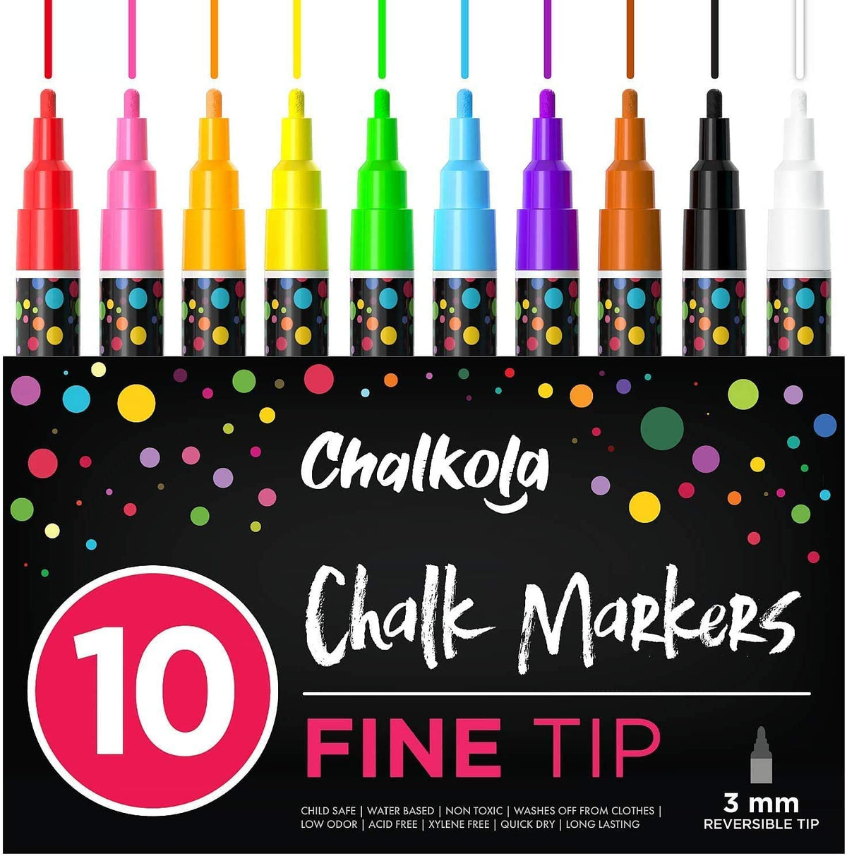 Fine Tip Chalk Markers (10 Pack 3mm) - Bold Color Erasable Dry Erase Marker Pens for Blackboards, Chalkboard, Window, Bistro - 3mm Reversible Bullet & Chisel Point 