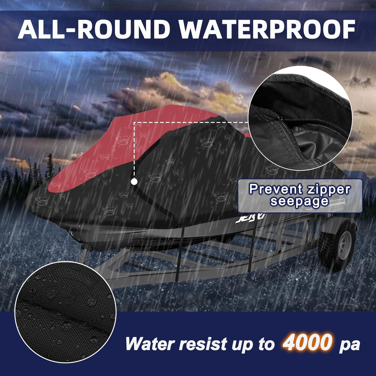 600D Jet Ski Cover - Trailerable Seadoo Cover, Waterproof Jetski Cover, PWC Cover Fits Seadoo, Yamaha, Kawasaki, Jet Ski Watercraft Cover Fits from 116"-125" (2 Seater), Red & Black