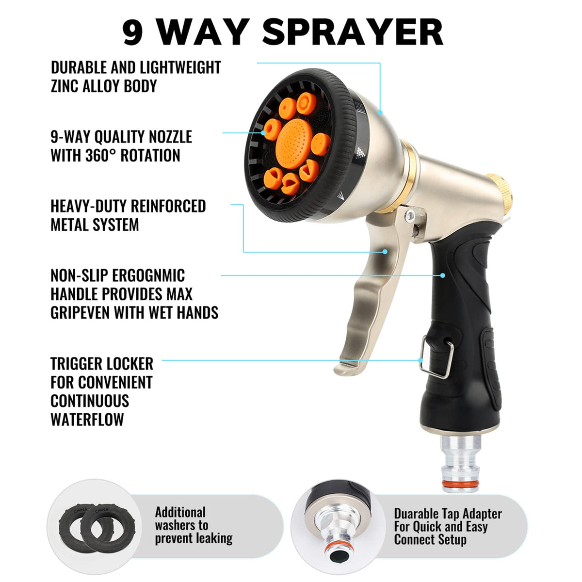 Expandable Garden Hose with 9-Function Zinc Nozzle
