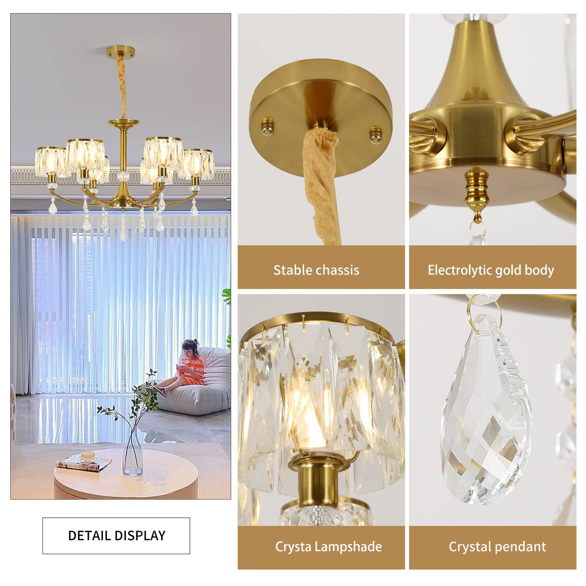 Ganeed Gold Chandelier,6 Lights Wagon Wheel Chandeliers with Clear Crystal Shades,Modern Mid Century Hanging Pendant Light Fixture for Dining Room Living Room Bedroom(E14 Base)