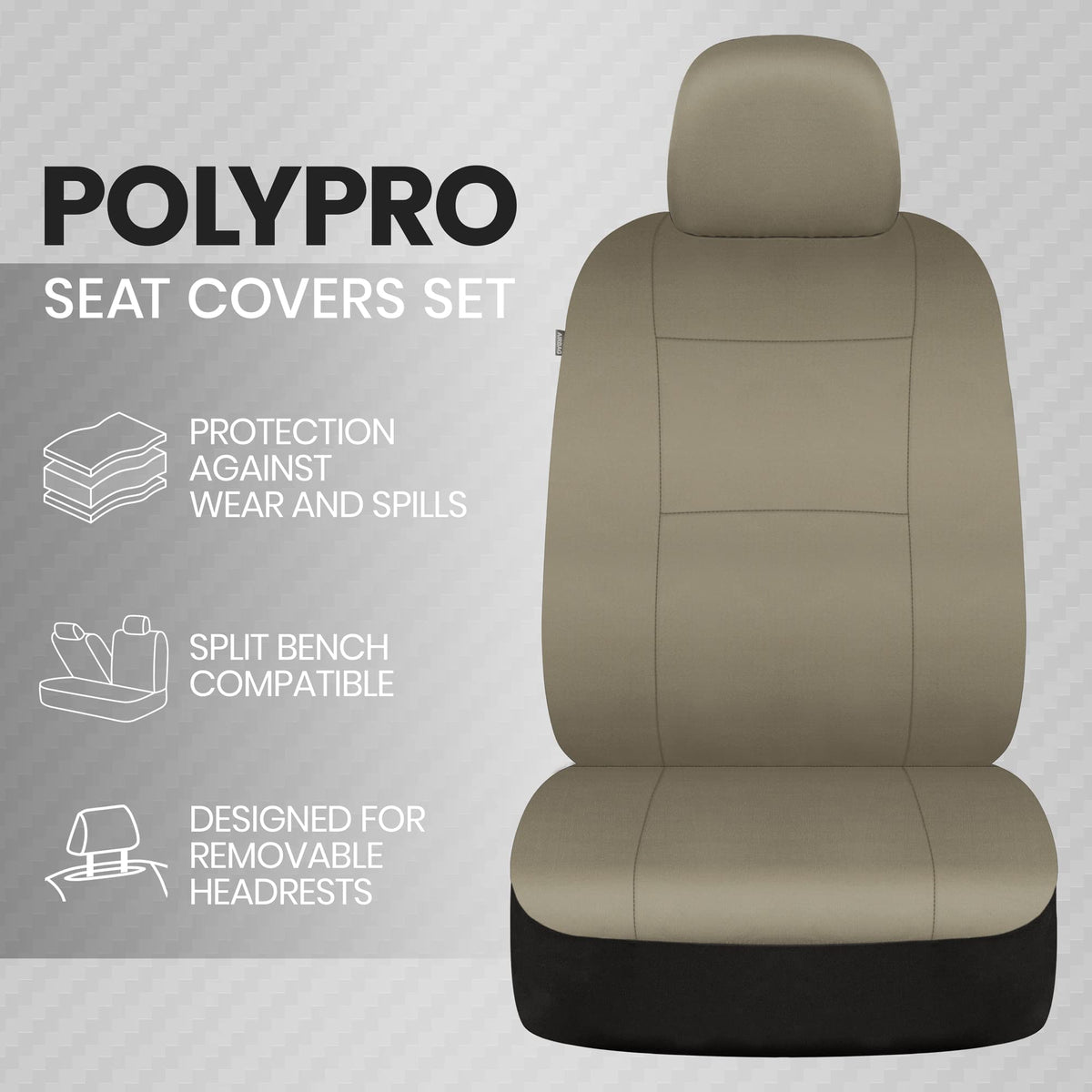 Car Seat Covers Full Set in Solid Beige – Front and Rear Split Bench Seat, Easy to Install for Auto Trucks Van SUV Car