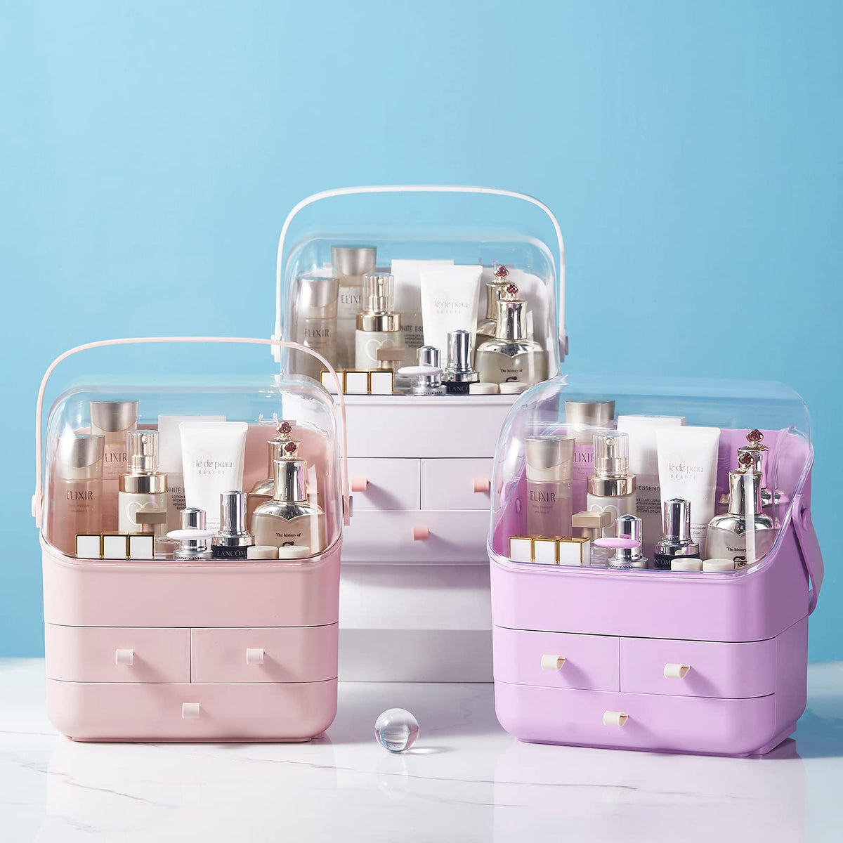Covered Pink Makeup Organiser with 3 Drawers & Handle