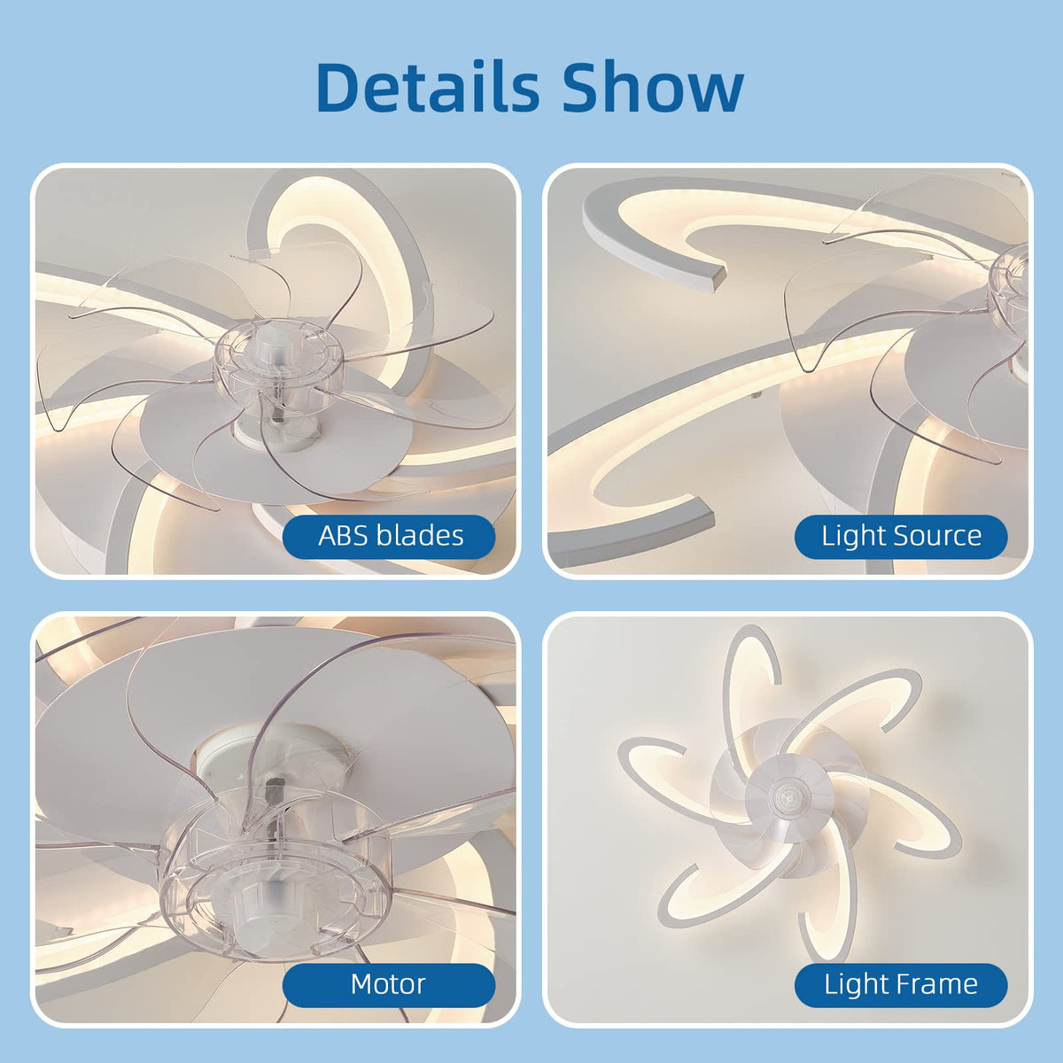 Low Profile Ceiling Fans with Lights and Remote/APP Control,3 Light Color Changes，6 Wind Speed Modes,Flush Mount Ceiling Fan Light,Modern Ceiling Light with Fan for Bedroom/Study/Office 82cm
