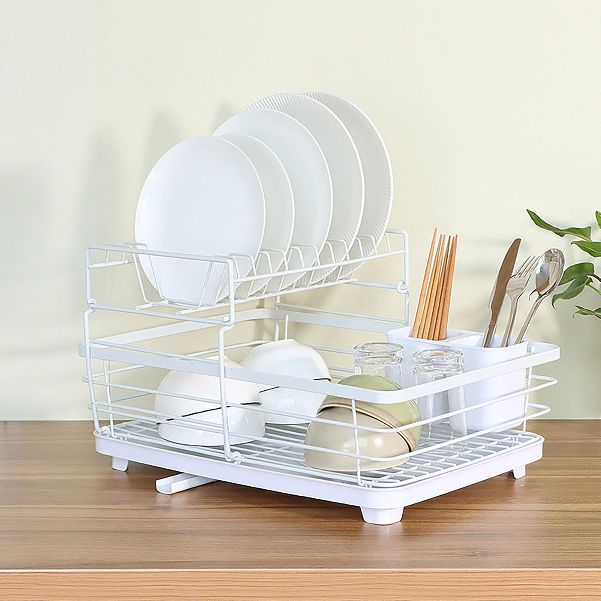 43 cm White 2-Tier Dish Drying Rack with Rotating Drain Spout