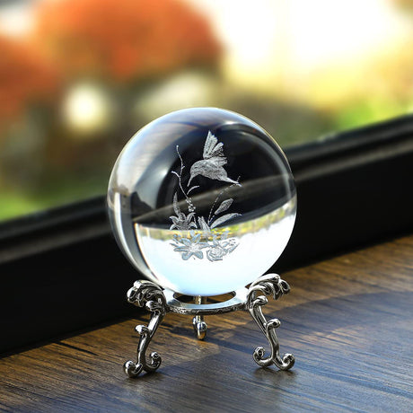 3D Laser Hummingbird Crystal Ball Paperweight Figurines Glass Crystal Ball with Stand Gift 60mm