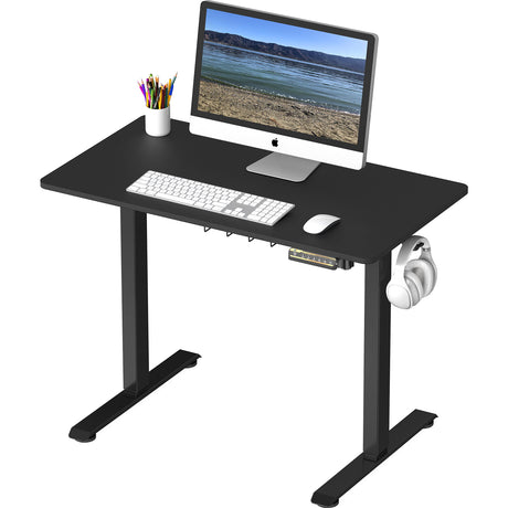 Small Electric Height Adjustable Sit Stand Desk with Hanging Hooks and Cable Management, 40 x 22 Inches, Black Frame and Black Top