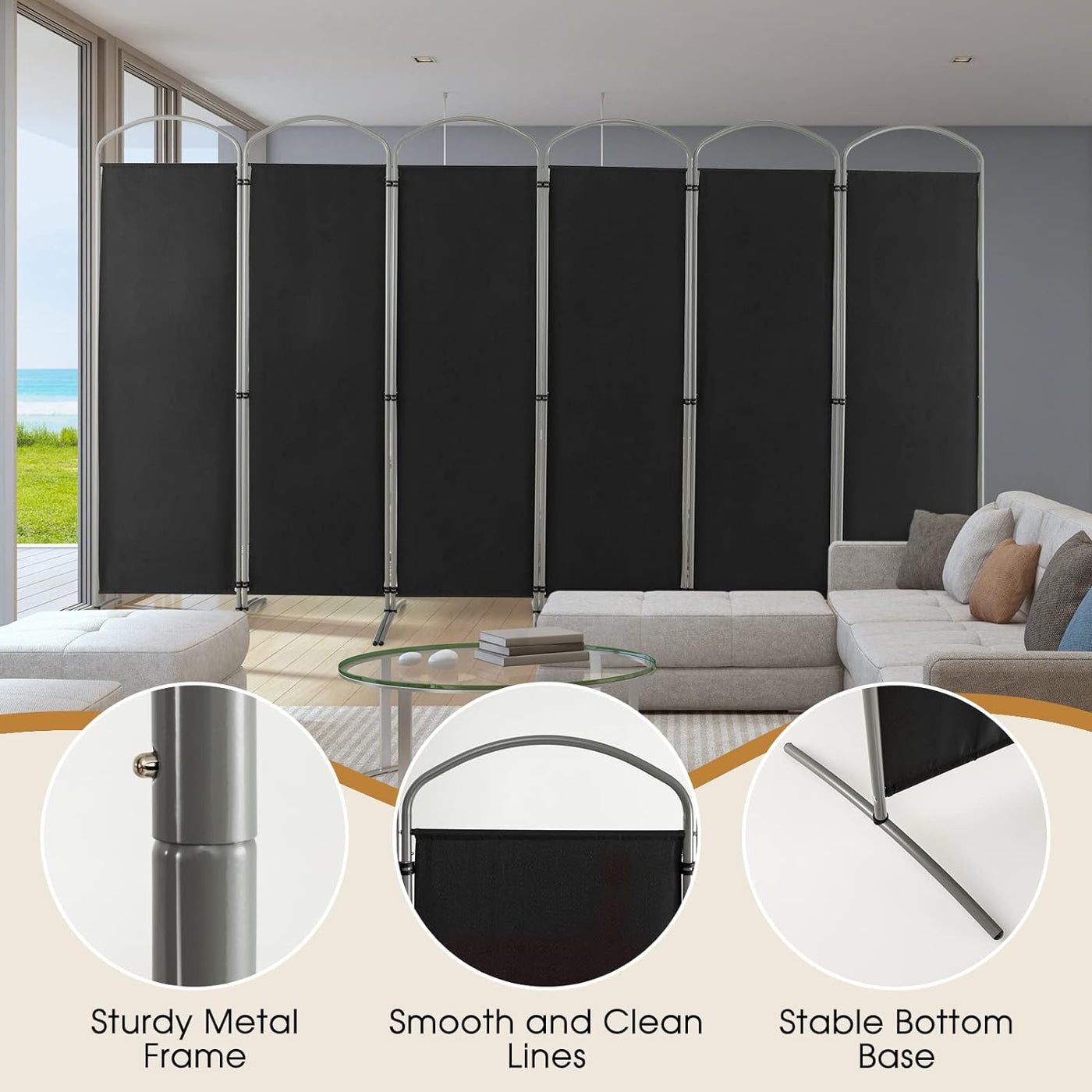 188cm Folding 6-Panel Room Divider – 4 Colours