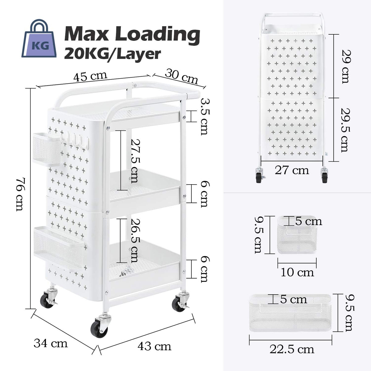 White 3-Tier Pegboard Utility Cart with Bins & Hooks