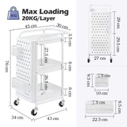 White 3-Tier Pegboard Utility Cart with Bins & Hooks