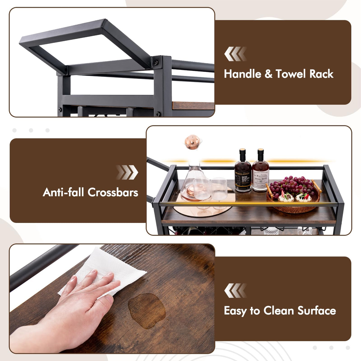 3-Tier Bar Cart with Wine Rack & 2-Row Glass Holder