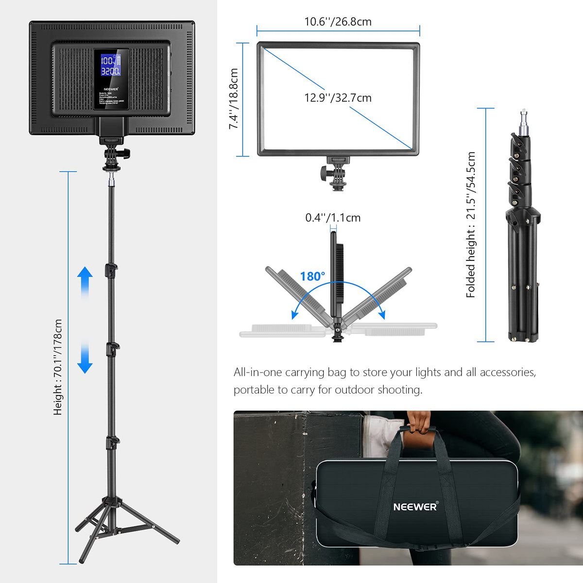 Neewer LED Video Lighting Kit with 70inch Light Stand, 2-Pack 384 LED Soft Video Light, Built-in Lithium Battery 3200K-5600K CRI 97+ Ultra-Thin On Camera Light Panel for YouTube Photography Shooting