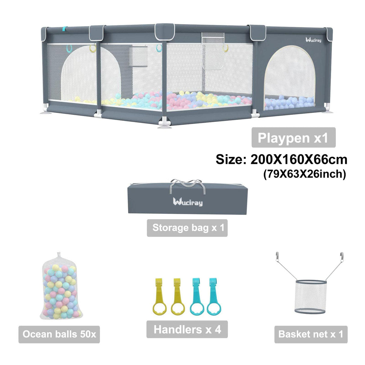 Baby Playpen, 200cm Extra-large Playpens Play Yard with 50 Balls Pit, 4x handlers, Baby Play Gates with Basket Net, Playards Fence for Toddler Babies with Breathable Mesh (200*160*66cm)
