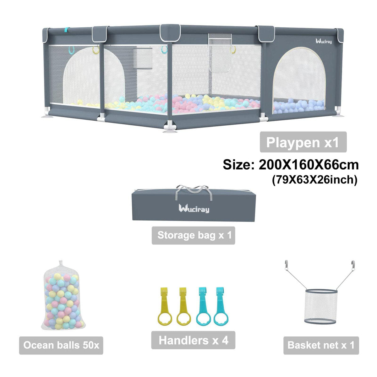 Baby Playpen, 200cm Extra-large Playpens Play Yard with 50 Balls Pit, 4x handlers, Baby Play Gates with Basket Net, Playards Fence for Toddler Babies with Breathable Mesh (200*160*66cm)