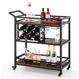 3-Tier Bar Cart on Wheels, Serving Cart w/Wine Rack & Glasses Holder, Heavy-Duty Metal Frame Mobile Drink Cart, Rolling Beverage Storage Cart w/Lockable Wheels for Kitchen, Dining Room