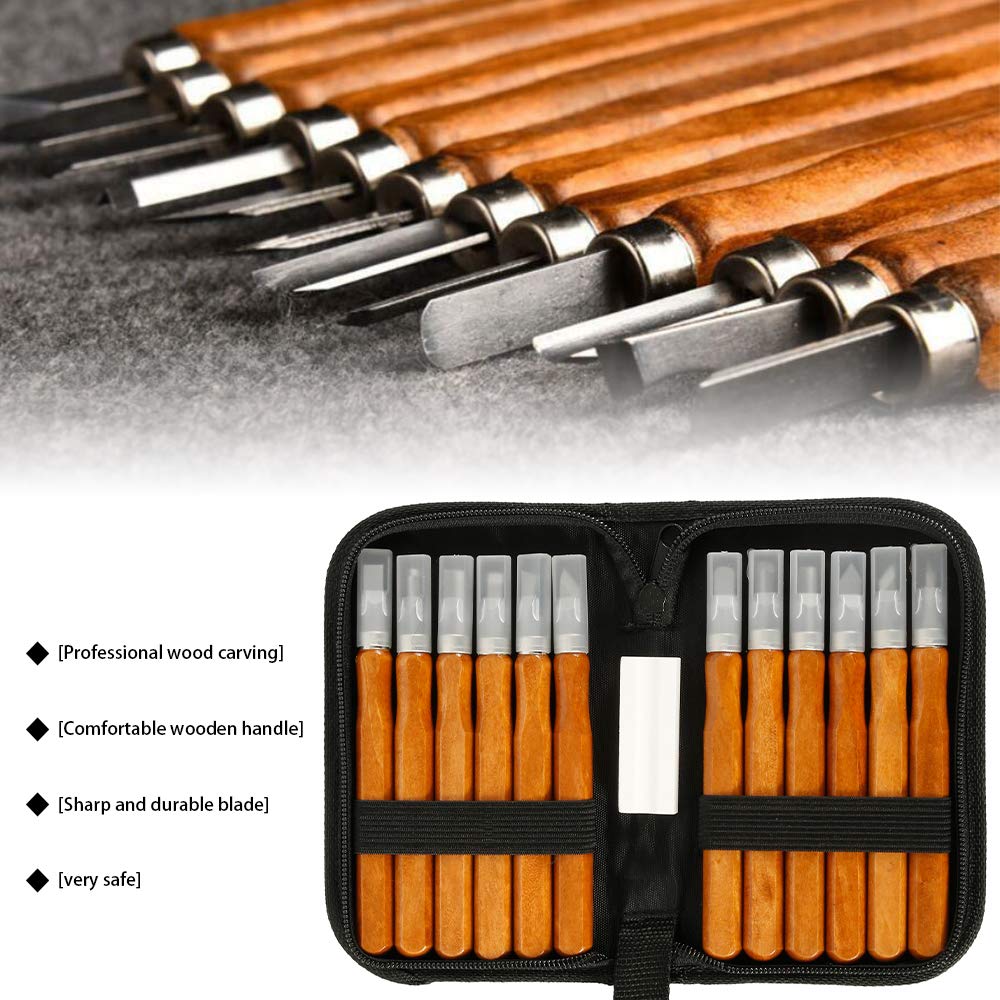 12-Piece SK5 Wood-Carving Knife Set with Whetstone & Bag